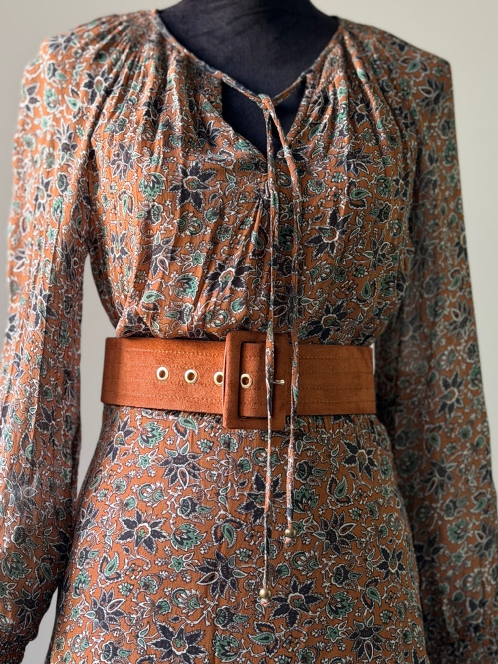 Veronica Beard Rust Floral Tiered Long Sleeve Midi Dress